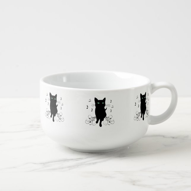 Black Cat Surrounded by Whispering Notes of Music Soup Mug (Left)