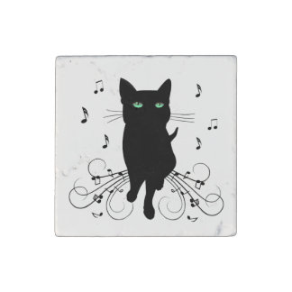 Black Cat Surrounded by Whispering Notes of Music Stone Magnet