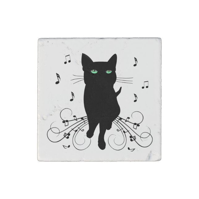 Black Cat Surrounded by Whispering Notes of Music Stone Magnet (Front)