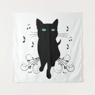 Black Cat Surrounded by Whispering Notes of Music Tapestry