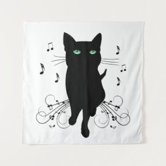 Black Cat Surrounded by Whispering Notes of Music Tapestry