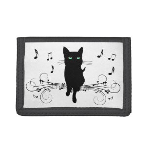 Black Cat Surrounded by Whispering Notes of Music Trifold Wallet