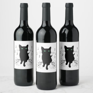 Black Cat Surrounded by Whispering Notes of Music Wine Label