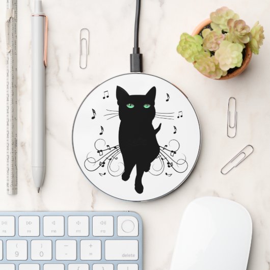 Black Cat Surrounded by Whispering Notes of Music Wireless Charger (Desk)