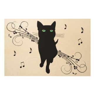 Black Cat Surrounded by Whispering Notes of Music Wood Wall Art