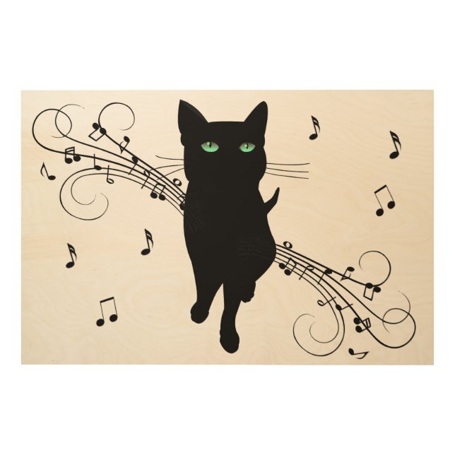 Black Cat Surrounded by Whispering Notes of Music Wood Wall Art (Front)