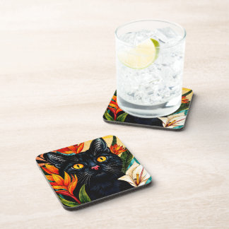 Black Cat Surrounded With Flowers Beverage Coaster