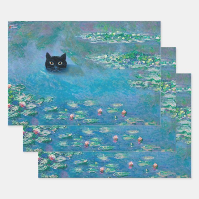 Black Cat Swimming in Water Lilies Decoupage Art W Wrapping Paper Sheets (Set)