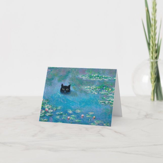 Black Cat Swimming in Water Lilies Decoupage Card (Front)
