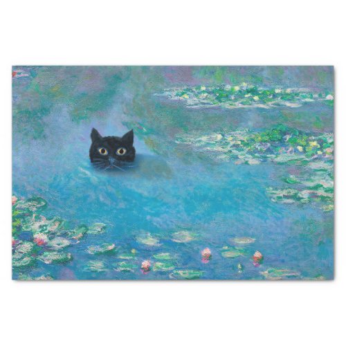 Black Cat Swimming in Water Lilies Decoupage Tissue Paper