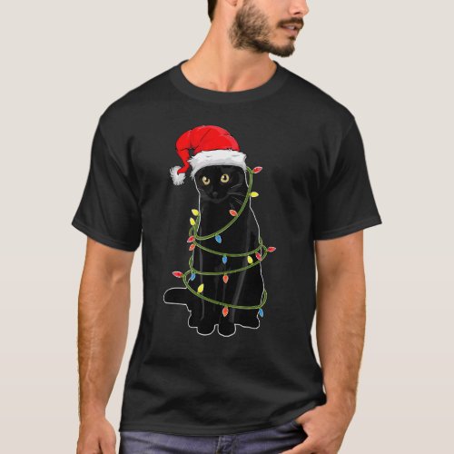 Black Cat Tangled Up In Christmas Lights Santa Hat T_Shirt