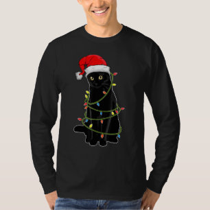 Black Cat Tangled Up In Christmas Lights Santa Hat T-Shirt