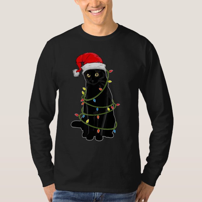 Black Cat Tangled Up In Christmas Lights Santa Hat T-Shirt (Front)