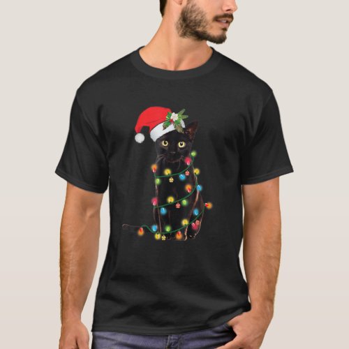 Black_Cat Tangled_Up In Christmas_Tree Lights Holi T_Shirt