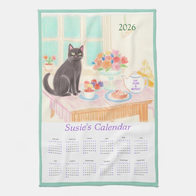 Black Cat & Tea Party Kitchen Towel Calendar (Vertical)