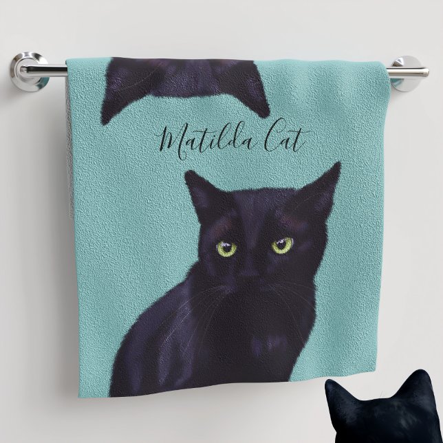 Black Cat Teal Personalized Pet Name Hand Towel (Creator Uploaded)