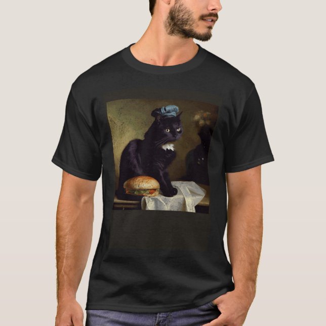 Black Cat Thinking Hamburger T-Shirt (Front)