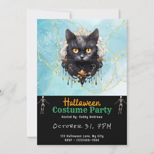 Black Cat Tiara Rhinestones Black Halloween Invitation