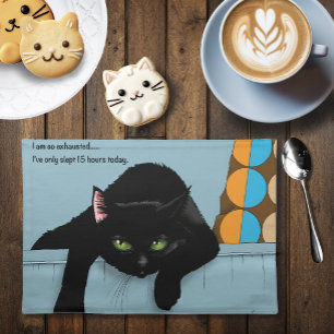 Black Cat Tired Blue Funny Cloth Placemat