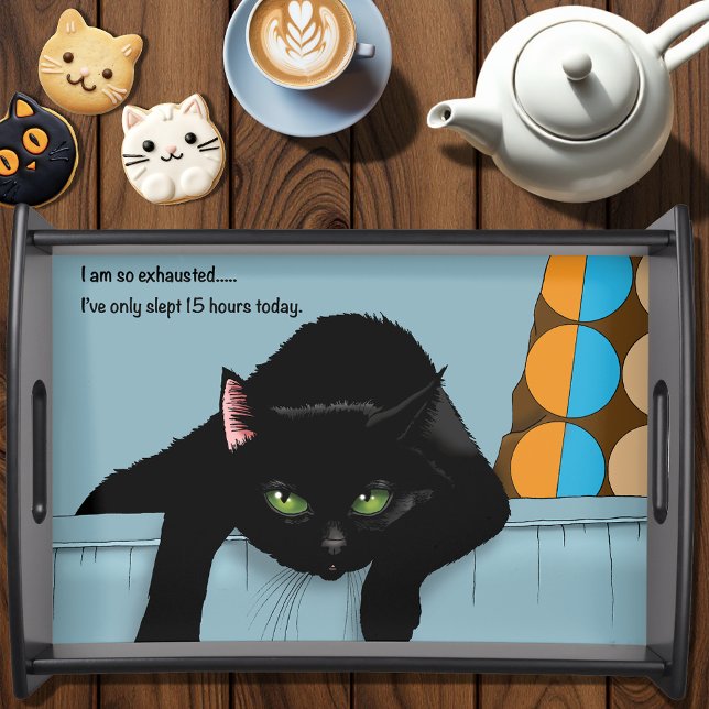 Black Cat Tired Blue Funny Serving Tray (Creator Uploaded)
