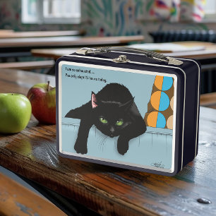 Black Cat Tired Blue Sarcastic Funny Metal Lunch Box