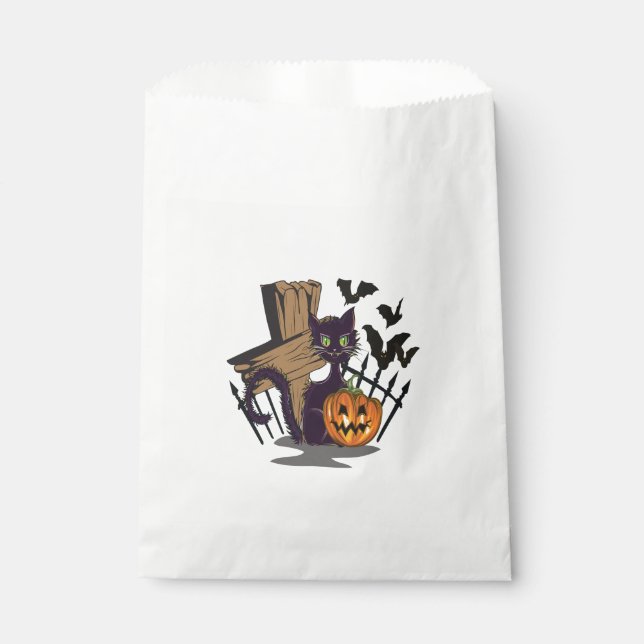 Black Cat Tombstone Bats Halloween Favor Bag (Front)