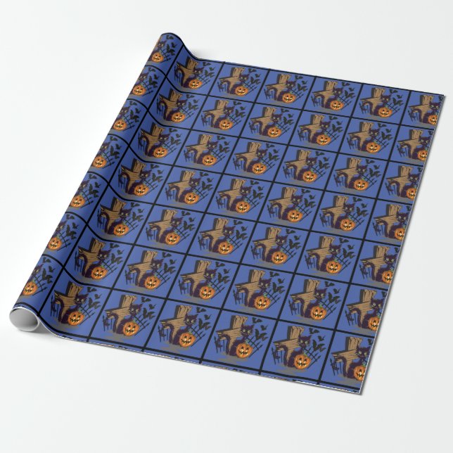 Black Cat Tombstone Bats Halloween Wrapping Paper (Unrolled)