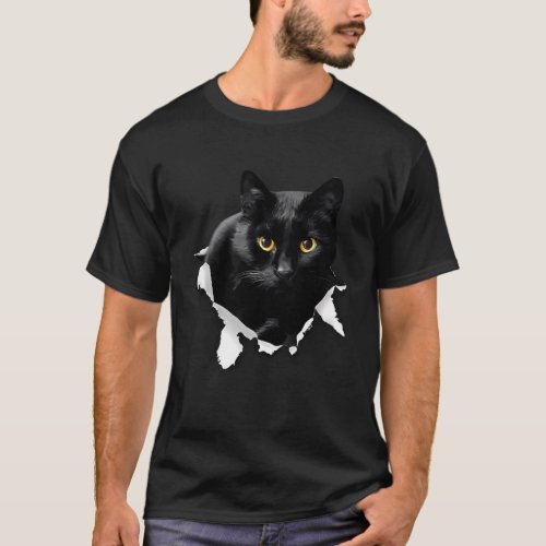 Black Cat Torn For Cat Cat Dad Cat Mom T_Shirt