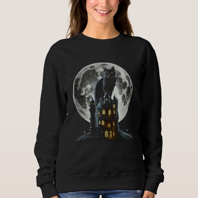 Black Cat Tower Moon Graphic Tees Men Women Boys G (Front)