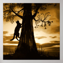 Black Cat Tree Silhouette Sunset Poster Art Print