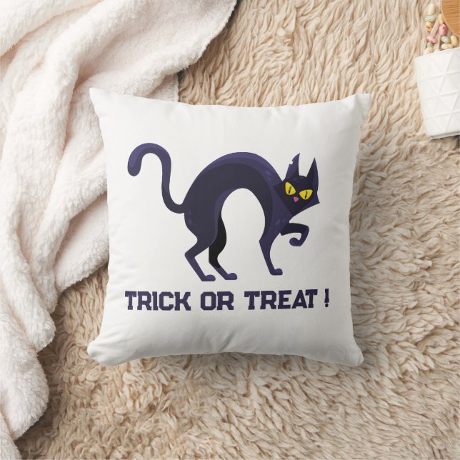 Black Cat Trick or Treat Halloween Throw Pillow (Blanket)