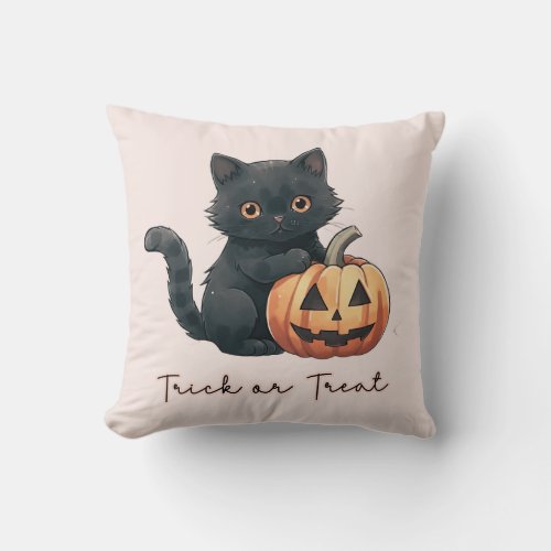Black Cat Trick or Treat Light Orange Halloween Throw Pillow