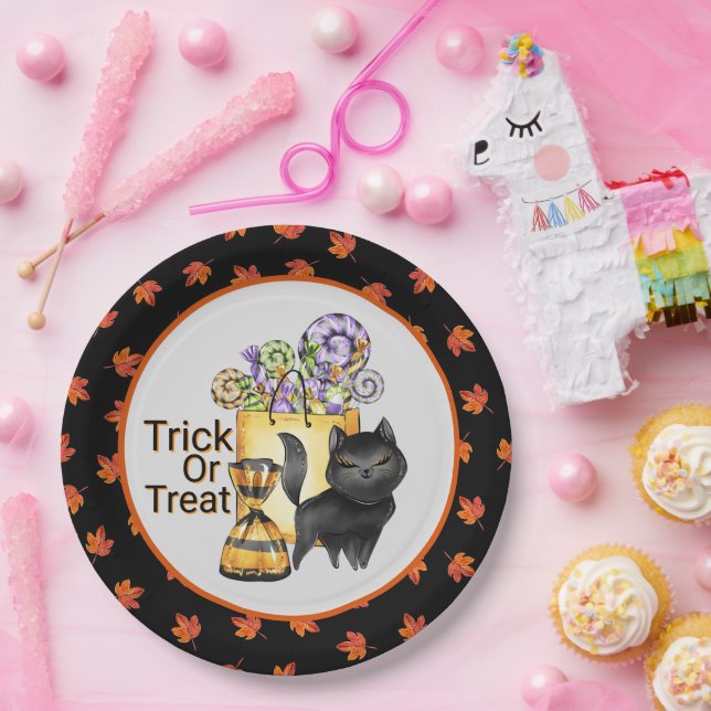 Black Cat Trick Or Treat  Paper Plates (Party)