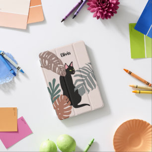 Black Cat Tropical Leaves iPad Mini Cover