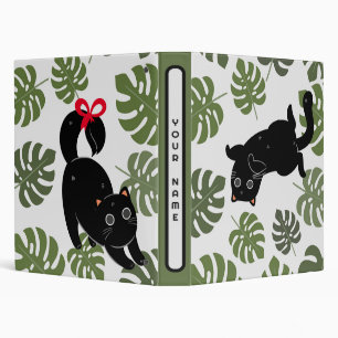 Black Cat Tropical Leaves Plant Lover 3 Ring Binder