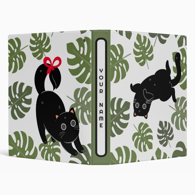 Black Cat Tropical Leaves Plant Lover 3 Ring Binder (Background)