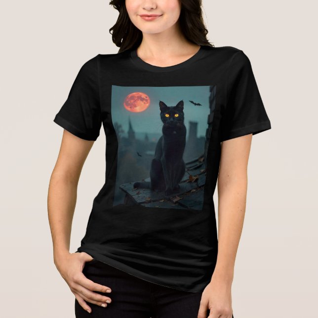  Black Cat Under Blood Moon Rain Tri-Blend Shirt (Front)