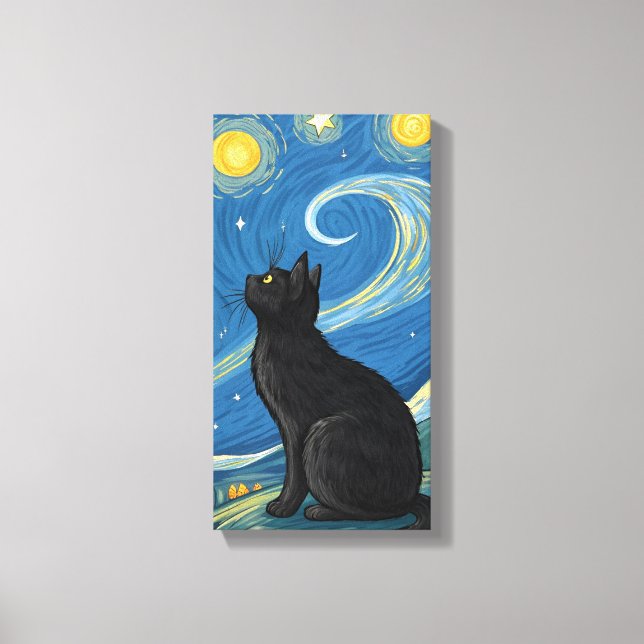 Black Cat Under Starry , Vibrant Pop Art Painting Canvas Print (Front)