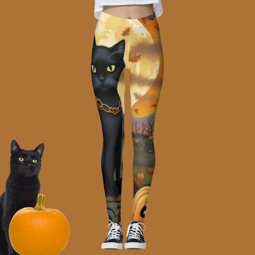 Black Cat Underneath a Harvest Moon and Pumpkins Leggings