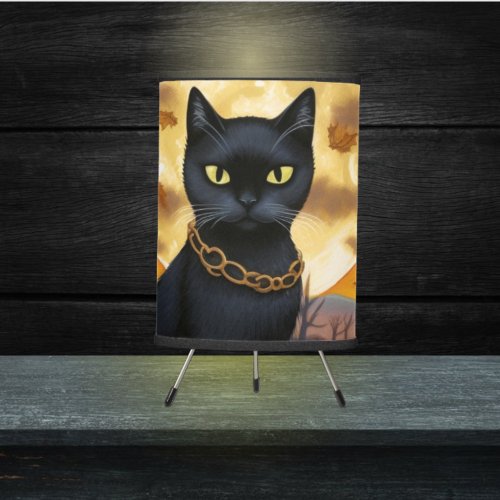 Black Cat Underneath a Harvest Moon and Pumpkins Tripod Lamp