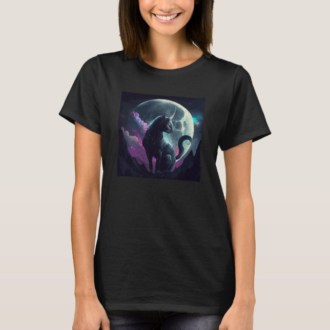 Black Cat Unicorn Moon T-Shirt (Front)