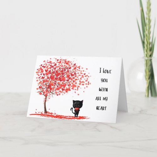 Black cat Valentines day card with hearts