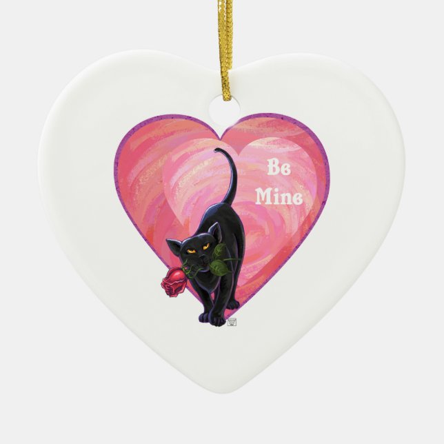 Black Cat Valentine's Day Ceramic Ornament (Front)