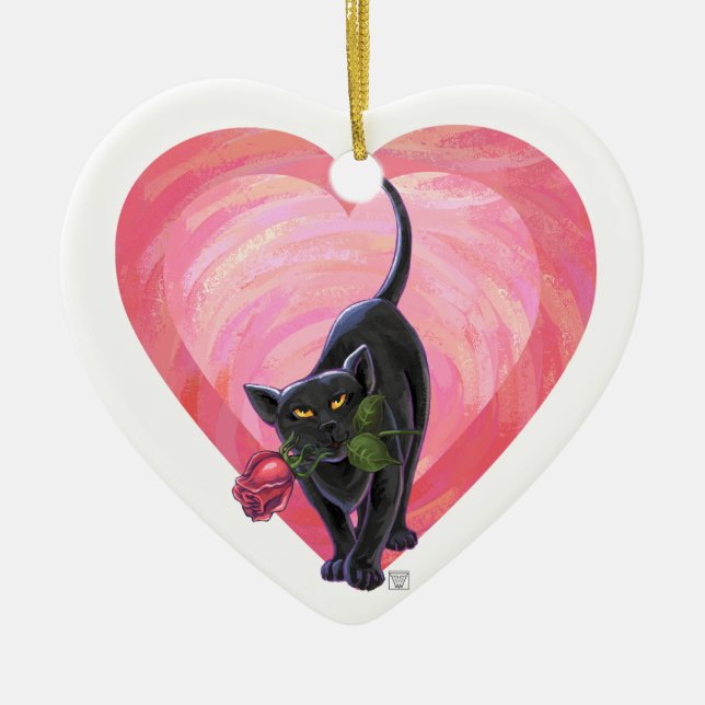 Black Cat Valentine's Day Ceramic Ornament (Front)