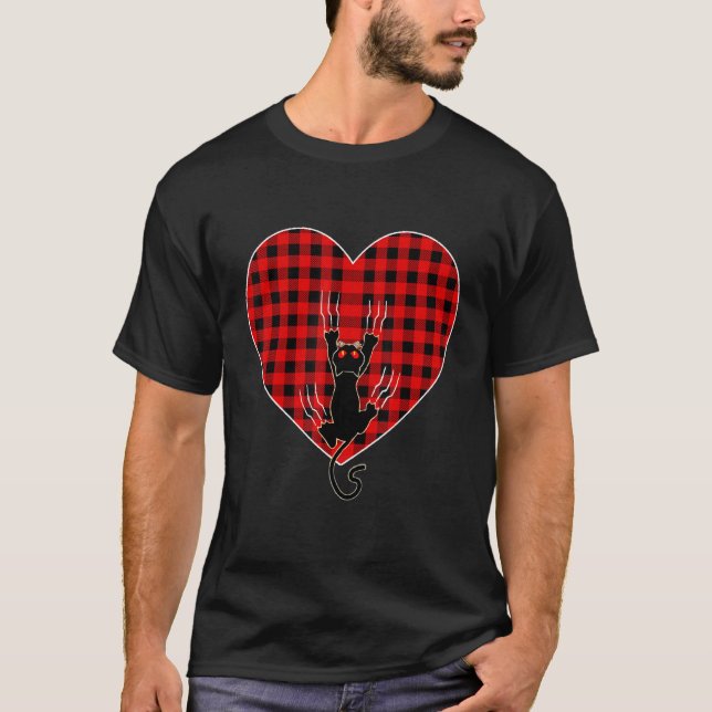 Black Cat Valentines Day Plaid Heart Funny Valenti T-Shirt (Front)