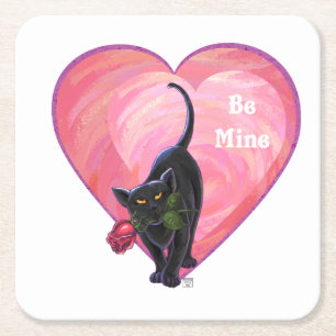 Black Cat Valentine's Day Square Paper Coaster