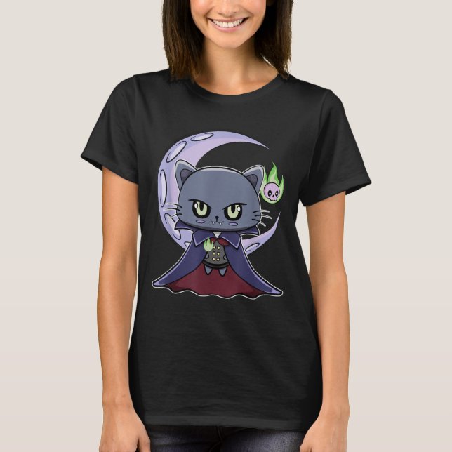 Black Cat Vampire Dracula And Magic Fire For T-Shirt (Front)