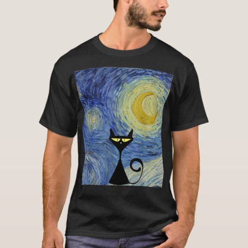 Black Cat Van Gogh Starry Night Museum Lover Aweso T_Shirt