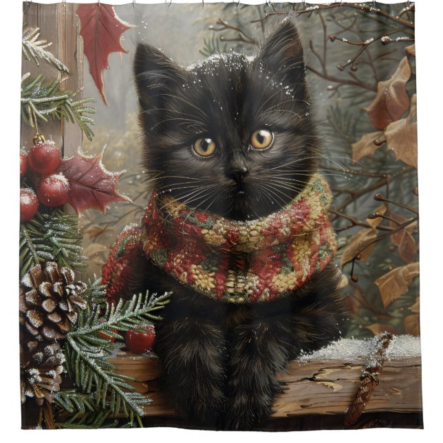 Black Cat Vintage Christmas Shower Curtain (Front)