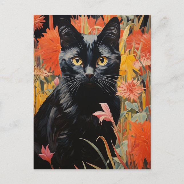 Black Cat Vintage Flower Painting Postcard (Front)